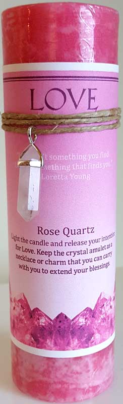 Love pillar candle with Rose Quartz pendant (image for) Love pillar candle with Rose Quartz pendant
