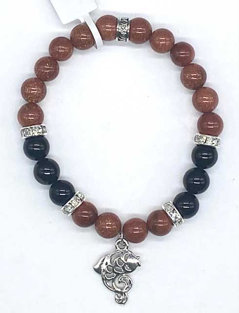 8mm Gold Sandstone, Black Agate, Fish bracelet (image for) 8mm Gold Sandstone, Black Agate, Fish bracelet