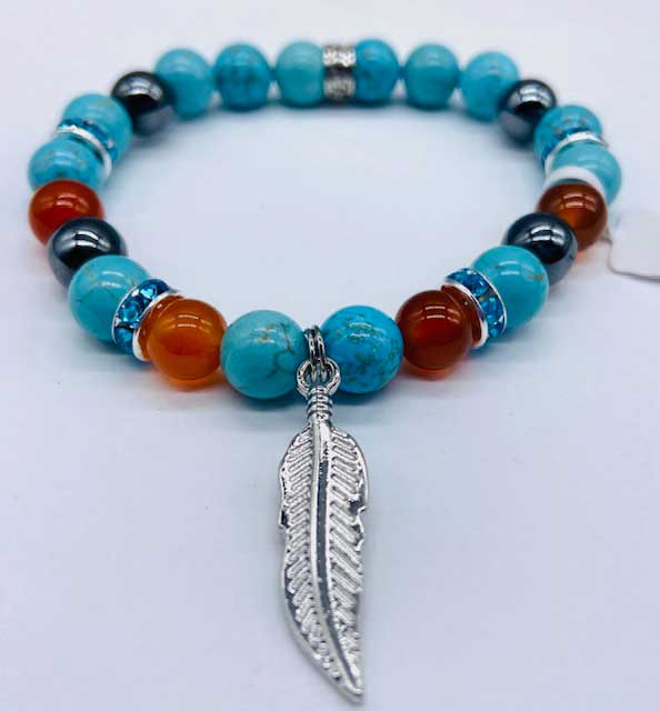 8mm Turquoise, Red Agate, Hematite with Feather (image for) 8mm Turquoise, Red Agate, Hematite with Feather