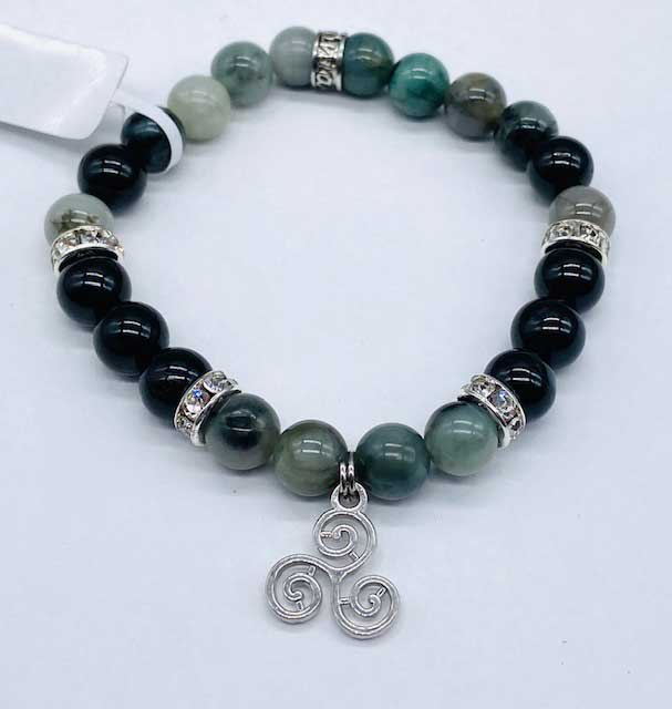8mm Emerald, Black Tourmaline, Triple Spiral bracelet (image for) 8mm Emerald, Black Tourmaline, Triple Spiral bracelet