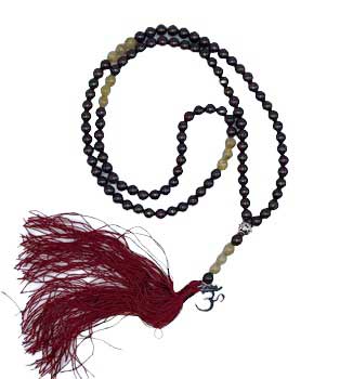 Om, Garnet &Golden Rutile japmala (image for) Om, Garnet &Golden Rutile japmala
