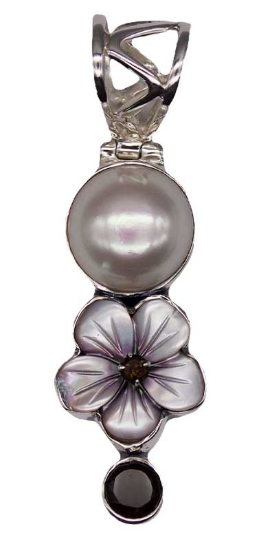 Fresh Water Pearl & Smoky Qtz Flower Pendant (image for) Fresh Water Pearl & Smoky Qtz Flower Pendant