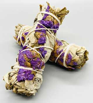 4" White Sage & Purple Sinuata smudge stick (image for) 4" White Sage & Purple Sinuata smudge stick